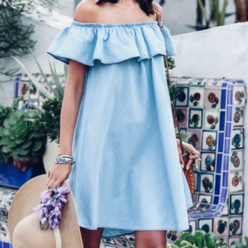 Zara ruffle off the shoulder denim dress - Picture 3 of 6